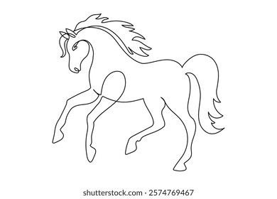 Horse in one continuous line drawing. Beautiful mustang in simple linear style. Wild animal symbol of speed and powerful in editable stroke. Doodle outline vector illustration.