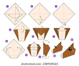 Horse origami scheme tutorial moving model. Origami for kids. Step by step how to make a cute origami animal. Vector illustration.