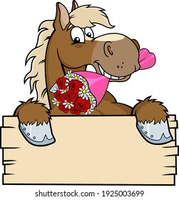 Horse Outlined Cartoon Character over A Blank Wood Sign biting a Bouquet. Vector Illustration Isolated On Transparent Background