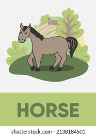 Horse in the pasture, farm animal card