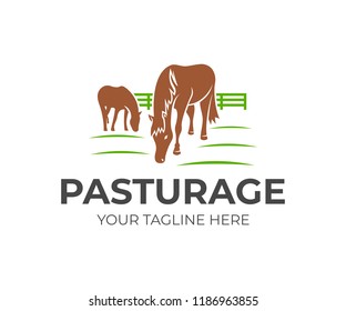 Horse pasture with fence, logo design. Animal, pet, farm and nature, vector design. Farming, agriculture, agricultural and cattle breeding, illustration