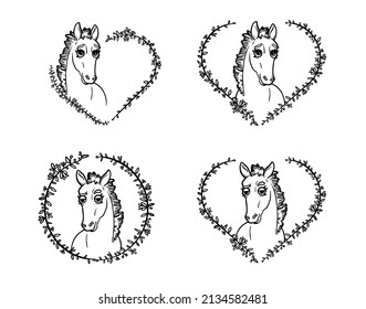 Diseño de patrones de caballos. Raza de caballo de estilo lino para los niños de la creación de libros de color.