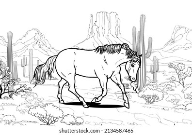 Horse pattern design. Western horse on Arizona dessert background in line art style.