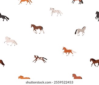 Horse pattern, seamless design. Equine animal print, endless background, texture with tiny thoroughbred stallions in motion, movement poses. Flat vector illustration for textile, wrapping, fabric