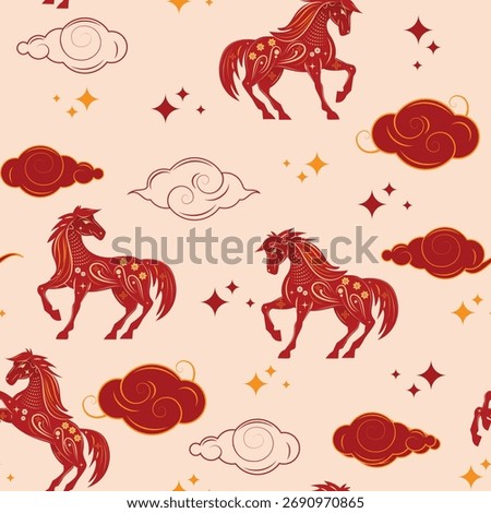 Horse pattern, seamless red horses, clouds, Chinese New Year, 2026, celebration design, repeatable background art