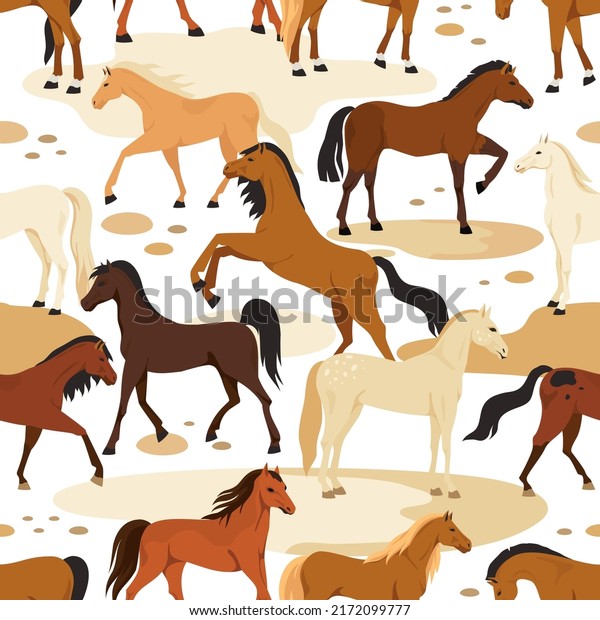 Horse pattern. Wild tribal animal running with equestrian. Fashion characters. Equine mammal dressage. Pony poses and actions. Mare and stallion. Vector seamless illustration background