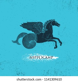 Horse With Pegasus Wings And Mermaid Tail Hippocampus. Mythology Creature Illustration On Grunge Rough Background With Brush Splash.