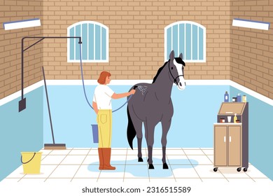 Horse and people flat composition demonstrating female worker taking care of steed washing with shower vector illustration