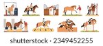 Horse and people flat set of animals equestrians stable workers isolated vector illustration