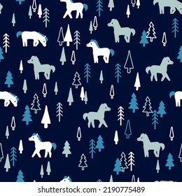 Horse Pine Tree Forest Pasture Wildlife Vector Seamless Pattern can be use for background and apparel design