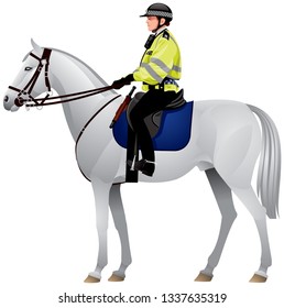 Horse, police, woman, London, Mounted police unit in United Kingdom, City of London policewoman riding a white horse, girl rider in uniform realistic vector illustration