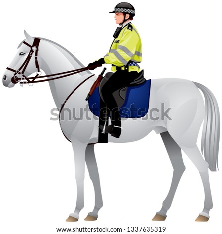 Horse, police, woman, London, Mounted police unit in United Kingdom, City of London policewoman riding a white horse, girl rider in uniform realistic vector illustration