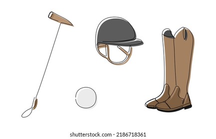 Juego de polo de caballo con maleta de martillo, bola, casco y botas ecuestres de una línea de arte. Trato continuo de línea de equitación, caballo, zapatos, botas, jinete, jinete, actividad, entrenamiento, color.