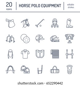 Horse polo flat line icons. Vector illustration of horses sport game, equestrian equipment - saddle, leather boots, harness, spurs. Linear signs set, championship pictograms for event, gear store.