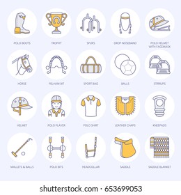 Horse polo flat line icons. Vector illustration of horse sport game, equestrian equipment saddle, leather boots, harness, spurs. Linear colored sign set, championship pictograms for event, gear store.