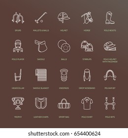 Horse polo flat line icons. Vector illustration of sport game, equestrian equipment - saddle, leather boots, harness, spurs. Linear signs set, championship pictograms for event, gear store.