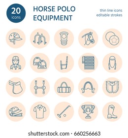 Horse polo flat line icons. Vector illustration of sport game, equestrian equipment - saddle, leather boots, harness, spurs. 