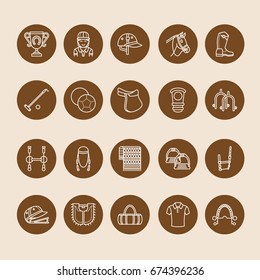 Horse polo flat line icons. Vector illustration of sport game, equestrian equipment - saddle, leather boots, harness, spurs. Linear signs set, championship pictograms for event, gear store.