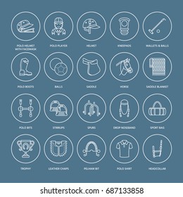 Horse polo flat line icons. Vector illustration of sport game, equestrian equipment - saddle, leather boots, harness, spurs. Linear signs set, championship pictograms for event, gear store.