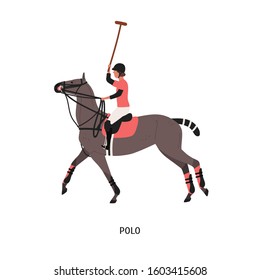 Horse polo flat vector illustration. Game, performance, equestrian sport competition. Polo player riding horse cartoon character. Equine with sports equipment isolated on white background.