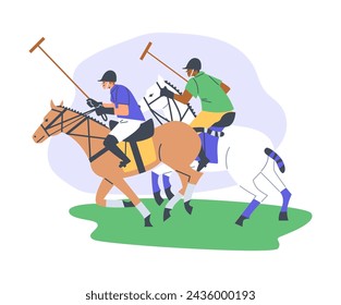 Juego de polo de caballos. Personajes planos aislados jugando polo de caballo. Ilustración de jugadores a caballo en acción con palos de polo. Concepto detallado del deporte ecuestre.