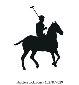 Horse polo player. Black silhouette of a rider holding a stick. Vector illustration isolated on white background