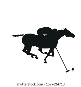 Horse polo player hits the ball. Black silhouette of a galloping rider. Vector illustration isolated on white background