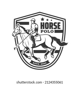 Horse Polo Sport With Equestrian Game Vector Player, Jockey Or Horseback Rider, Mallet And Ball. Horse Polo Club Isolated Heraldic Shield Badge With Horseman And Equine Equipment, Saddle, Harness
