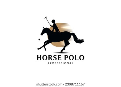 Horse polo sport logo with silhouette of a male person riding a running horse