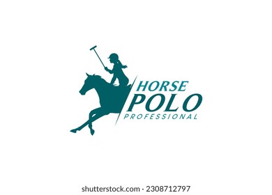 Horse polo sport logo with silhouette of a woman riding a running horse