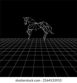 Horse polygonal lines on the Synthwave vaporwave, perspective grids, wireframe landscape background, laser grid in deep space. Vector Illustration