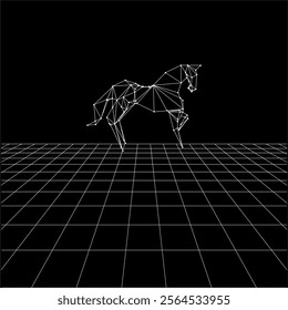 Horse polygonal lines on the Synthwave vaporwave, perspective grids, wireframe landscape background, laser grid in deep space. Vector Illustration