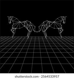 Horse polygonal lines on the Synthwave vaporwave, perspective grids, wireframe landscape background, laser grid in deep space. Vector Illustration