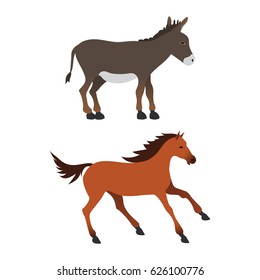 Horse pony stallion isolated different breeds color farm equestrian animal characters vector illustration.