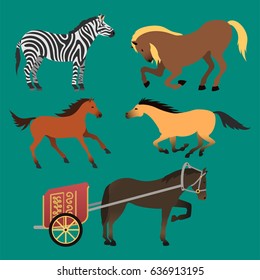 Horse pony stallion isolated different breeds color farm equestrian animal characters vector illustration.