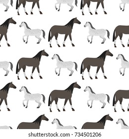 Horse Pony Stallion Seamless Pattern Color Farm Equestrian Animal Characters Vector Illustration.