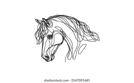 Retrato de caballo en estilo de dibujo de línea continua. Hermoso caballo corriendo boceto lineal negro minimalista aislado sobre fondo blanco. Ilustración vectorial