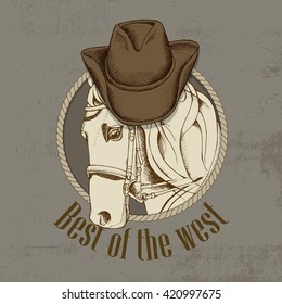 Horse portrait in a cowboy hat on beige background. Vector illustration.