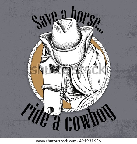 Horse portrait in a cowboy hat. Vector illustration.