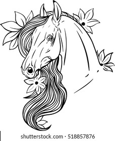 Horse portrait with flower. Coloring page