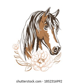 Horse portrait with flowers peonies. Floral frame, wreath with unicorn black and white. Monochrome Illustration Vector Sketch hand drawn.Graphics, giclee, invitation