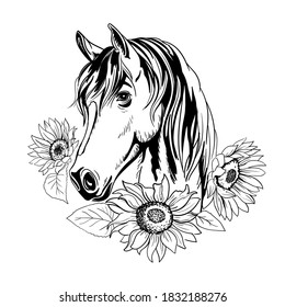 Horse portrait with flowers sunflowers. Floral frame, wreath with unicorn black and white. Monochrome Illustration Vector Sketch hand drawn.Graphics, giclee, invitation