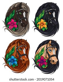 Horse portrait. Illustration, sticker, tattoo sketch. Set of four illustrations.