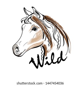 Horse portrait with lettering head isolated on white background. Template. Close-up. Clip art. Hand Painting. Ink. Line art, black and white