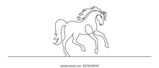 Horse portrait in one continuous line drawing. Beautiful mustang in simple linear style. Wild animal symbol of speed and powerful in editable stroke. Doodle contour vector illustration