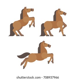 Horse poses flat illustration. Brown horse rearing, standing, running poses