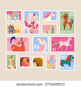 Conjunto de Vector de sello postal de caballo con ilustraciones decorativas estilizadas. Colección de carácter animal para el diseño postal, scrapbooking, papelería, embalaje, carteles, proyectos creativos