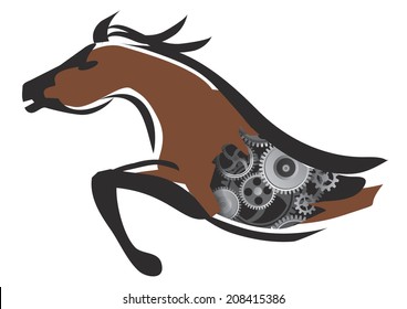 Horse power. Horse silhouette with gear symbolizing powerful engine. Vector illustration. 