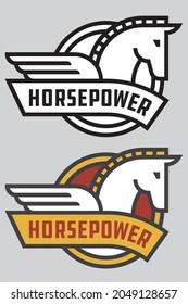 Horse Power vector badge or logo.
Cute vector illustration of stylized, bold outline horse with wings and banner proclaiming Horsepower. Includes color and black and white versions.