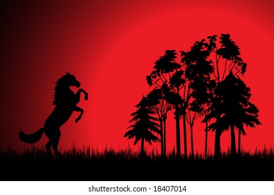 Horse prances near forest